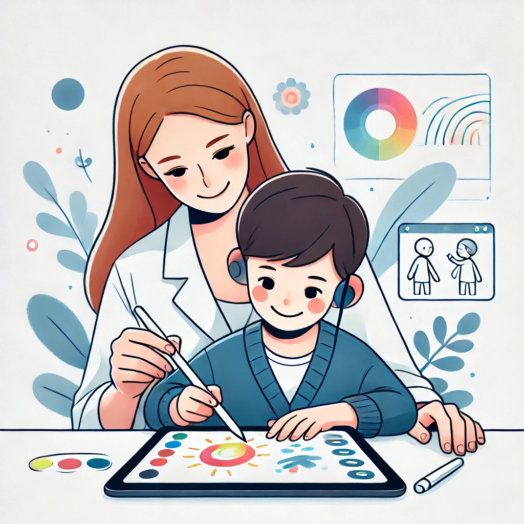 La fresque des orthophonistes utilisée par un enfant qui dessine sur un smartphone sous le regard de la professionnelle