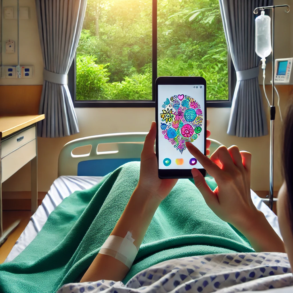 Patiente alitée dans une chambre lumineuse dessinant sur son smartphone la fresque en hôpital POSITIVE