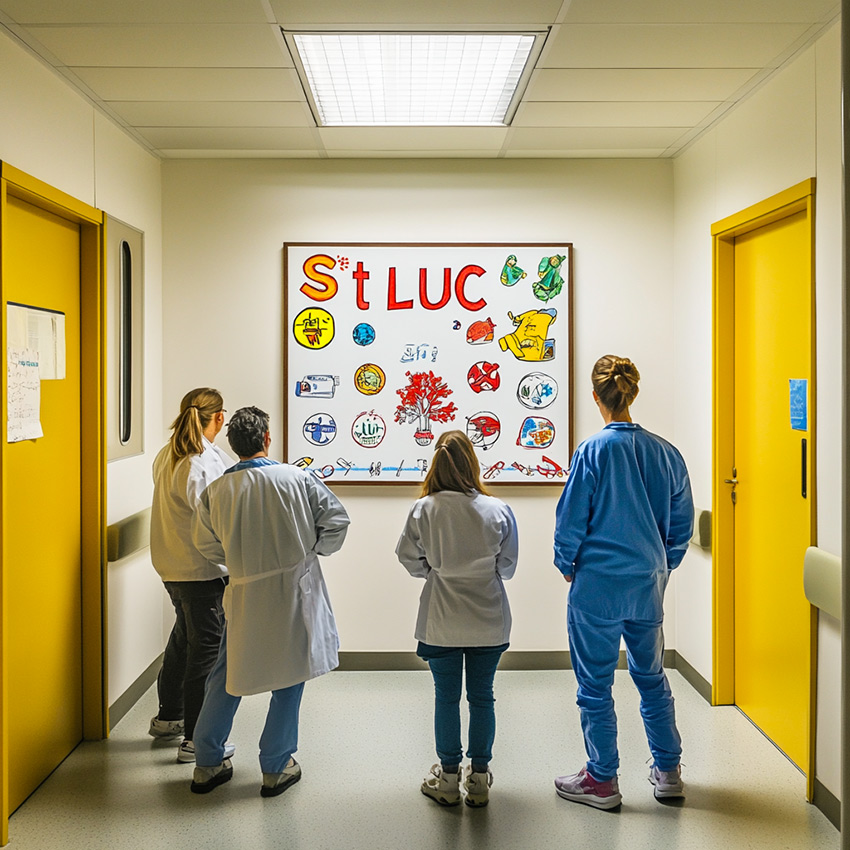 Des personnels soignants devant la fresque du personnel hospitalier imprimée et encadrée dans un couloir