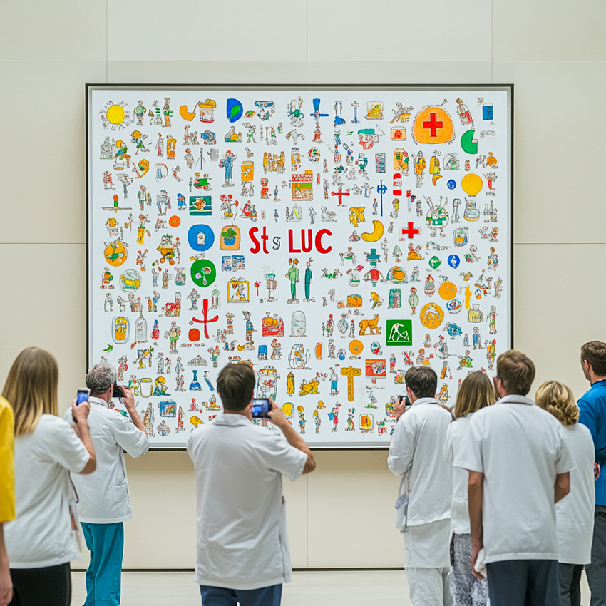 Des soignants en blouses regroupés devant la fresque du personnel hospitalier dans un hall d'hôpital