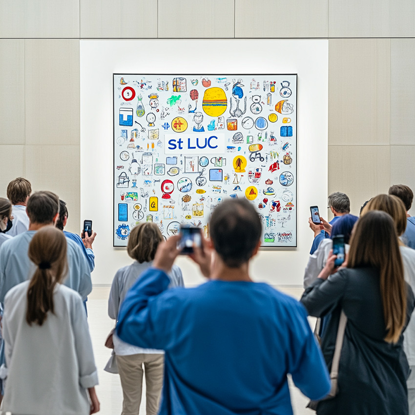 Des nombreux soignants prennent en photo la fresque du personnel hospitalier dans un hall de leur hôpital