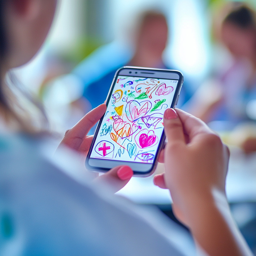 Gros plan sur une infirmière qui participe à la fresque du personnel hospitalier sur son smartphone en dessinant en salle de pause ses idées du jour