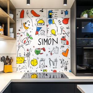 Impression fresque digitale sur Aluminium installée dans une Cuisine autour du prénom de notre fils Simon