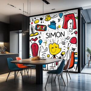 Impression fresque digitale sur toile tendue pour caisson lumineux installé dans une cuisine moderne d'une maison d'architecte autour du prénom Simon