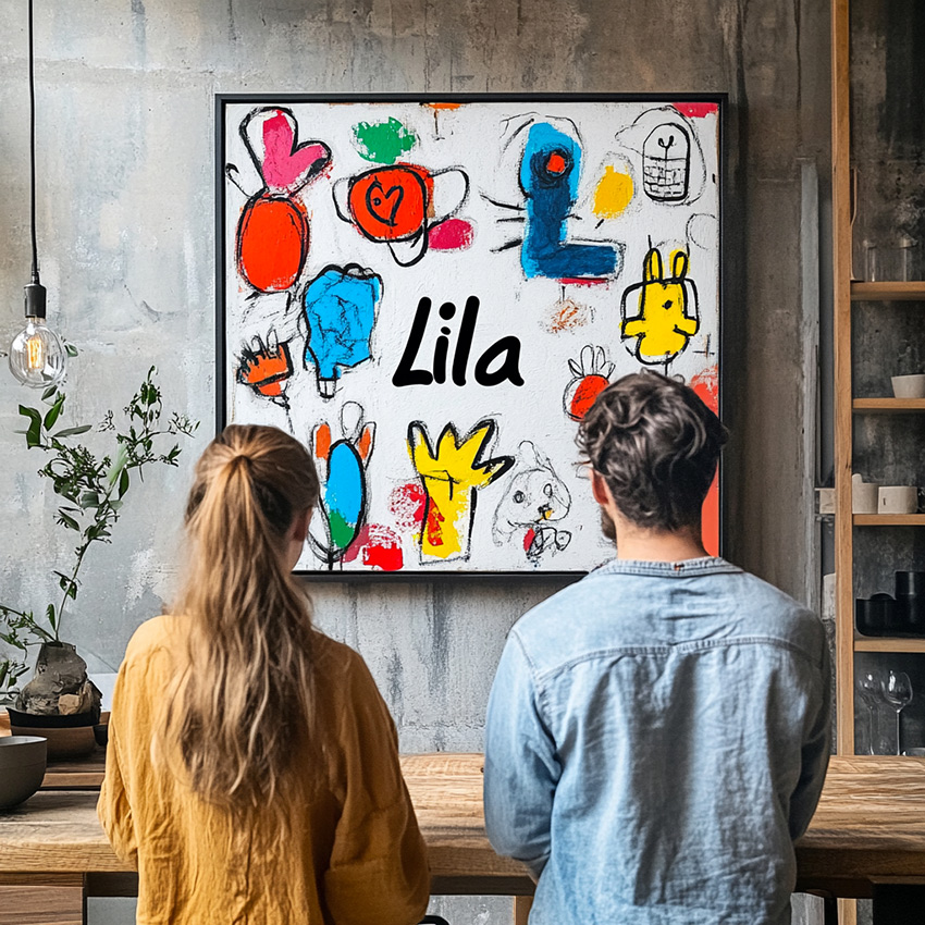 Un couple de garde la fresque de mon enfant Lila exposé dans mon salon cuisine ouverte moderne