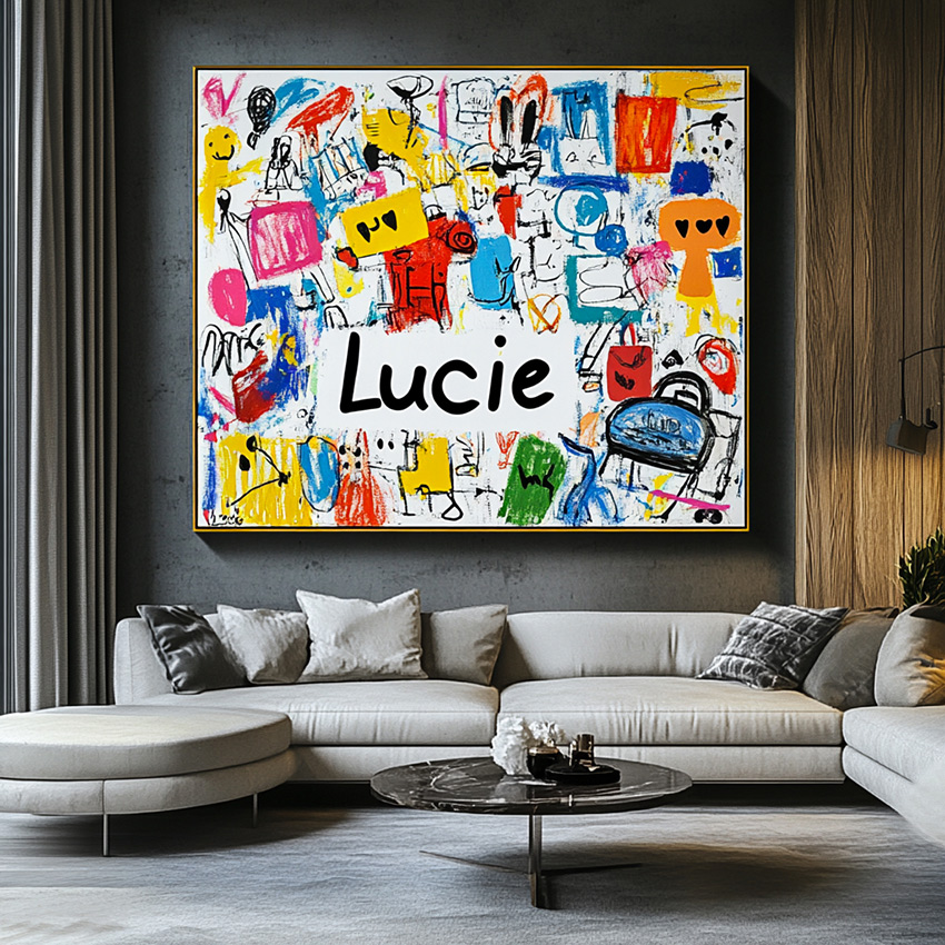 La fresque de mon enfant Lucie encadrée et exposée dans mon salon moderne