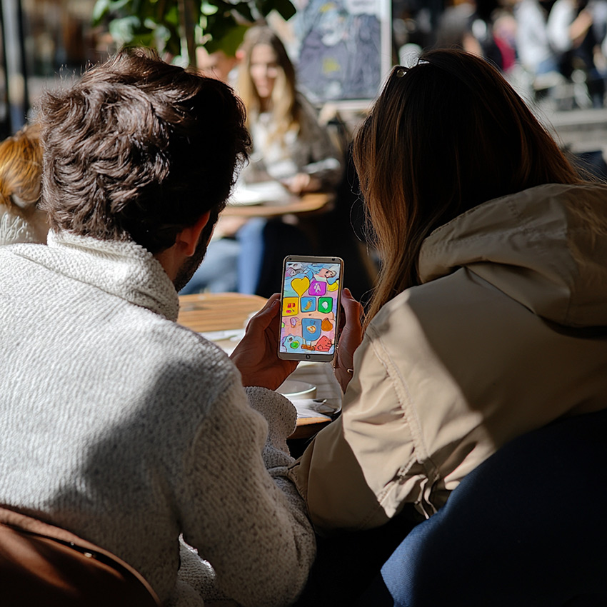 La fresque de mon enfant est créée par des parents à la terrasse d'un café dessin par dessin sur notre outil web POSITIVE.