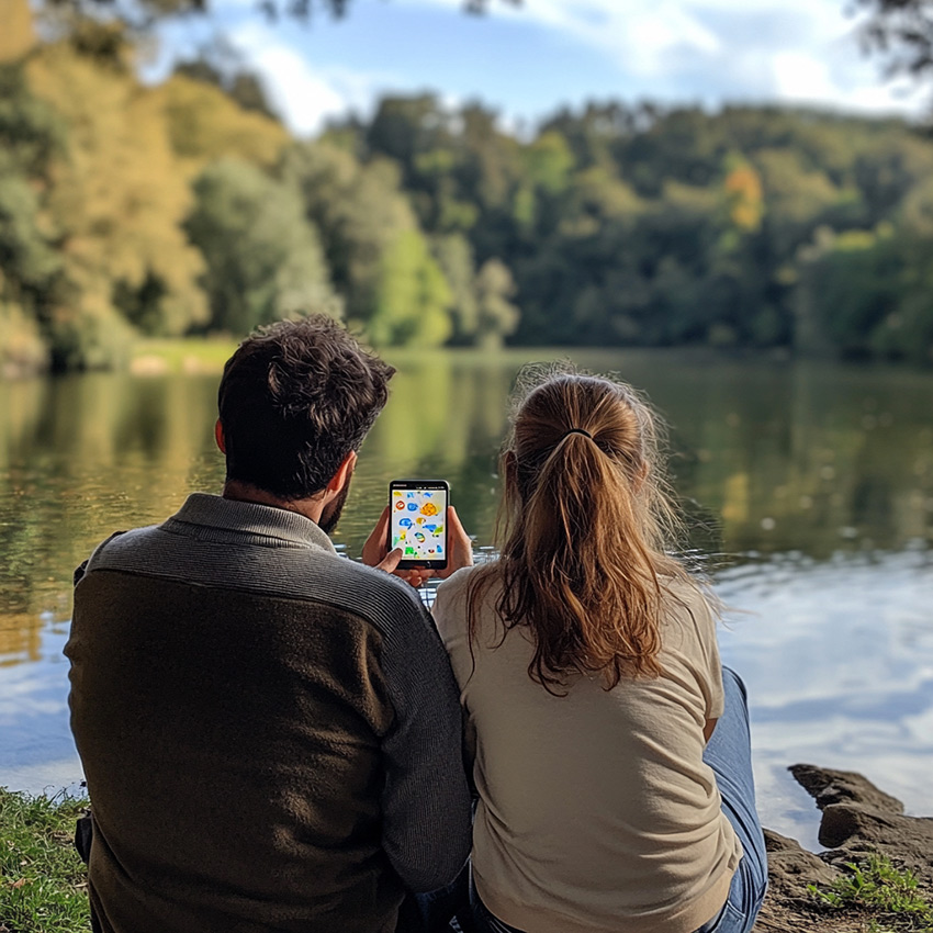 La fresque de mon enfant est créée par des parents au bord d'un lac dessin par dessin sur Positive notre outil de dessin digital en ligne sur le web.