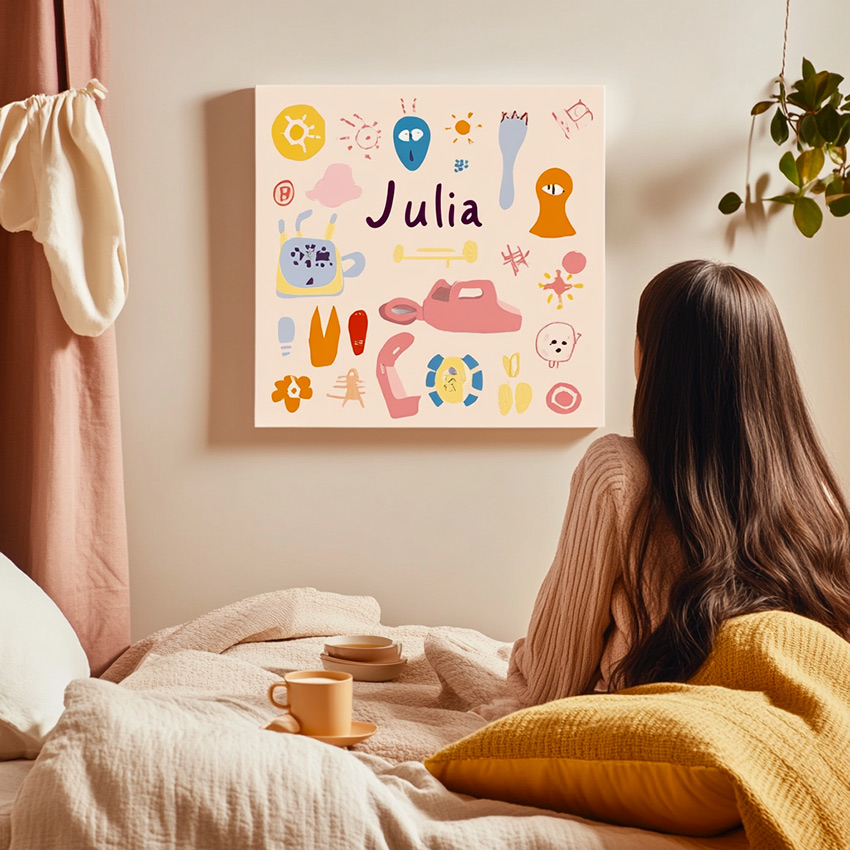 La fresque de mon identité imprimée sur une toile de 1000x1000 et exposée au mur rose de la chambre d'une adolescente qui se prénomme Julia