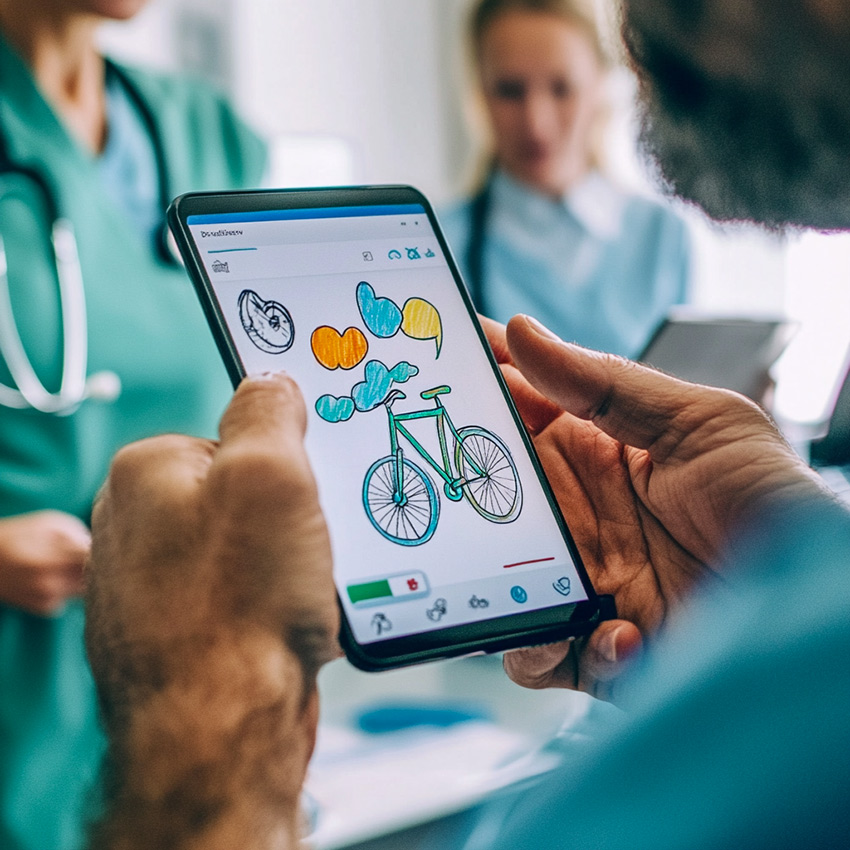 Un docteur participe à la fresque du personnel hospitalier sur son smartphone en dessinant un Vélo en salle de pause