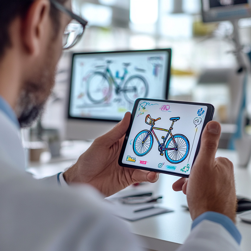 Un docteur participe à la fresque du personnel hospitalier sur une tablette en dessinant un Vélo dans son bureau cabinet