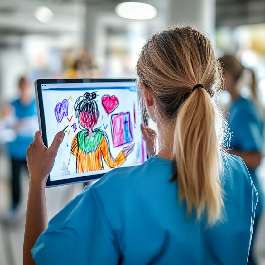 Une aide soignante participe à la fresque du personnel hospitalier sur un ordinateur de son service