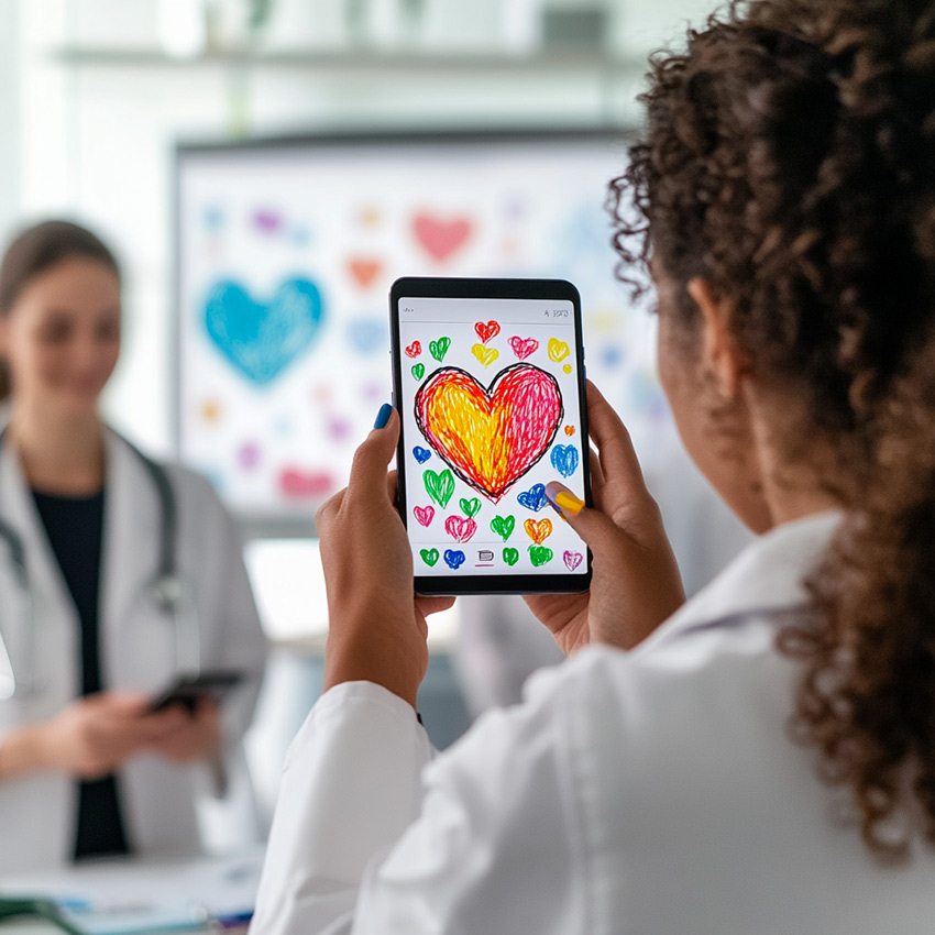 Une chirurgienne aux cheveux bouclés participe à la fresque du personnel hospitalier sur son smartphone en dessinant des coeurs colorés