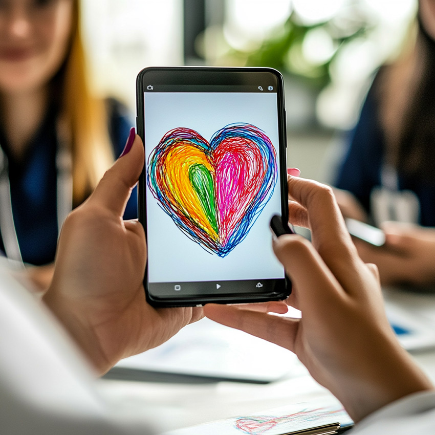 Une doctoresse participe à la fresque du personnel hospitalier sur son smartphone en dessinant un coeur très coloré en compagnie de ses collègues