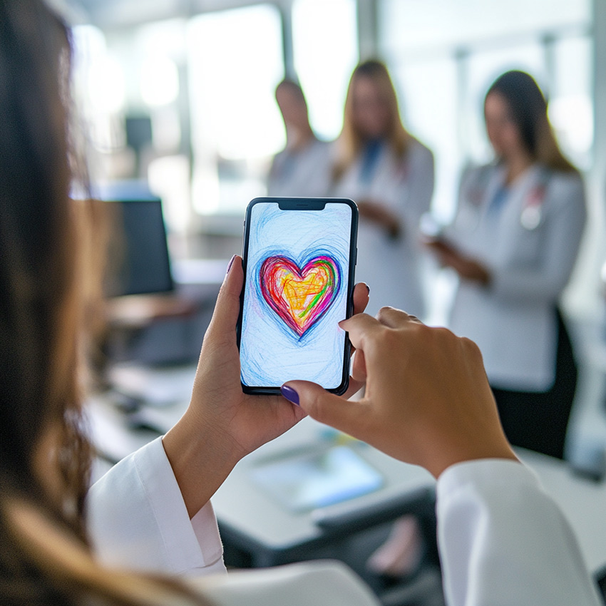 Une infirmière participe à la fresque du personnel hospitalier sur son smartphone en dessinant un coeur en salle de pause