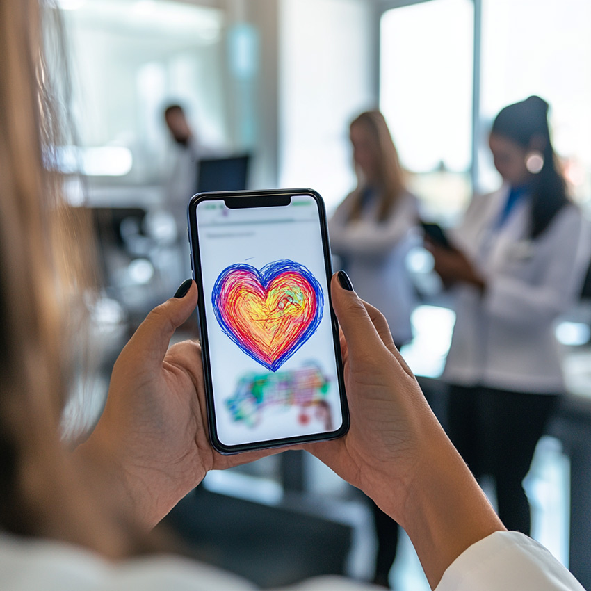 Une infirmière participe à la fresque du personnel hospitalier sur son smartphone en face de ses collègues