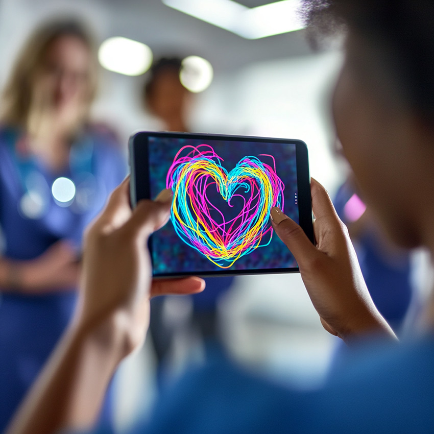 Une infirmière participe à la fresque du personnel hospitalier sur une tablette un coeur hyper coloré