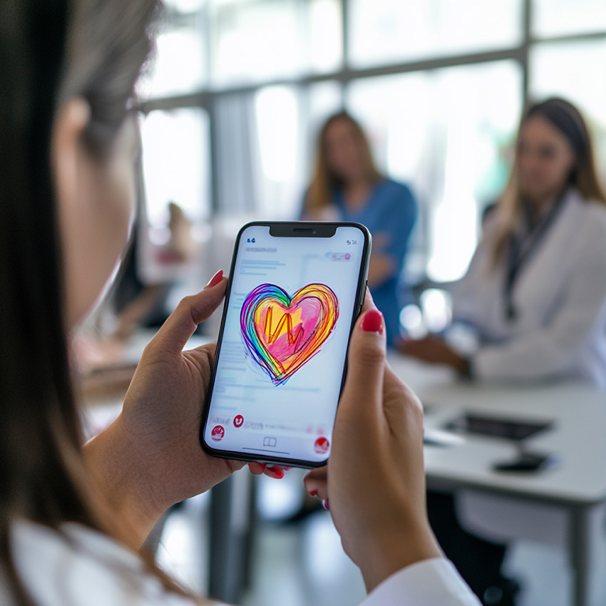 Une soignante participe à la fresque du personnel hospitalier sur son smartphone en dessinant un coeur en salle de pause en face de ces collègues