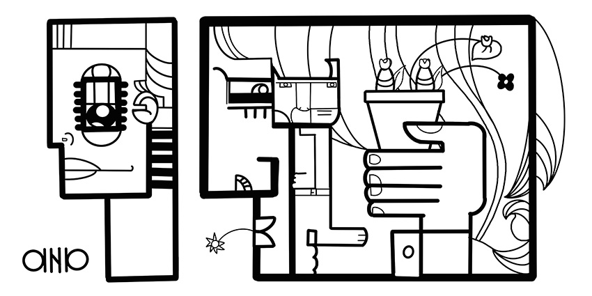 Le dessin noir et blanc de aNa artiste pour fresque inauguration créé à partir des plans du bâtiment.